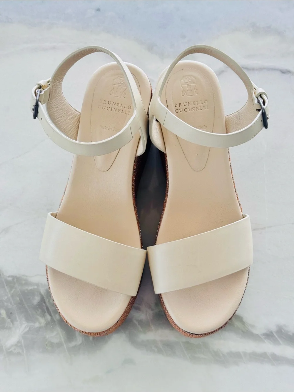 Brunello Cucinelli Cream Leather Platform Ankle-Strap Sandals